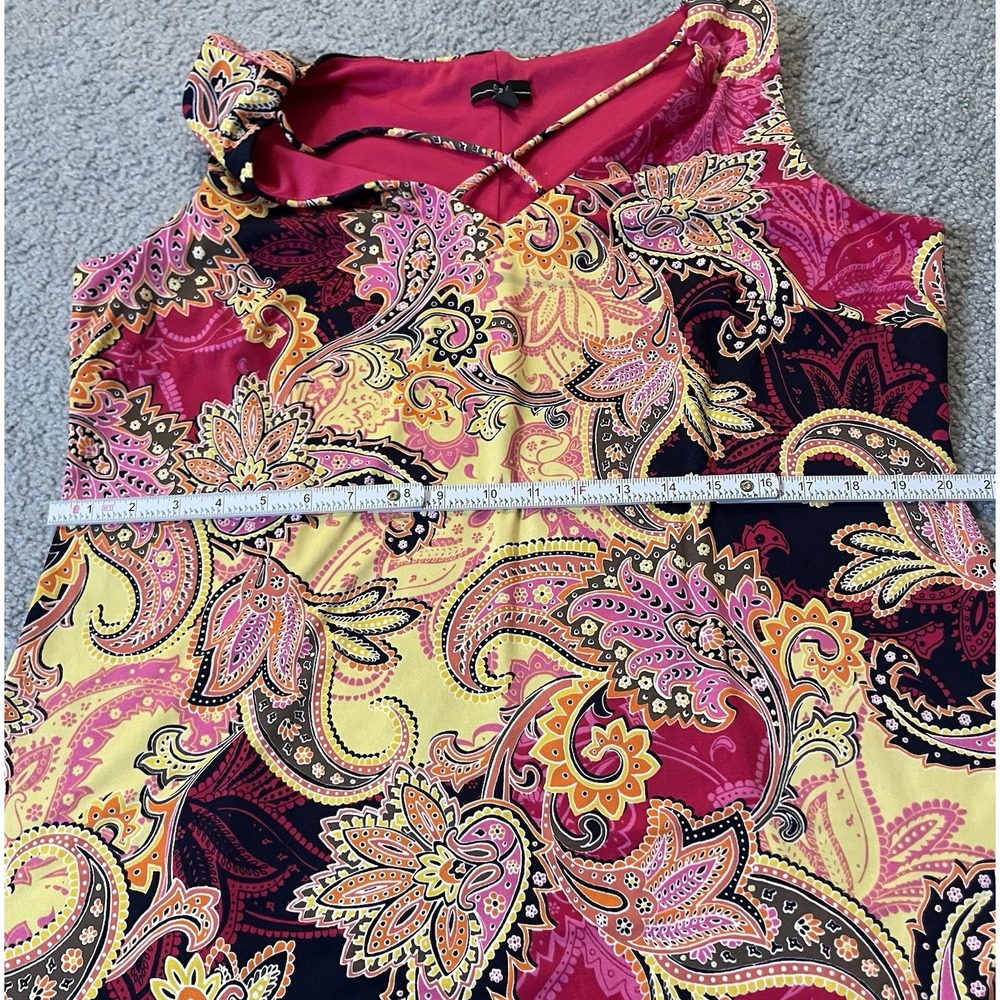 90s R&K Paisley Shift Mini Dress Sz 16P Fuchsia Yellow Crisscross Strap Colorful - Picture 8 of 13
